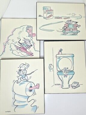 VTG 80s Alain Boisjoly Mouse Wood Plaques Set of 4 Collectible Bathroom Art 8x10